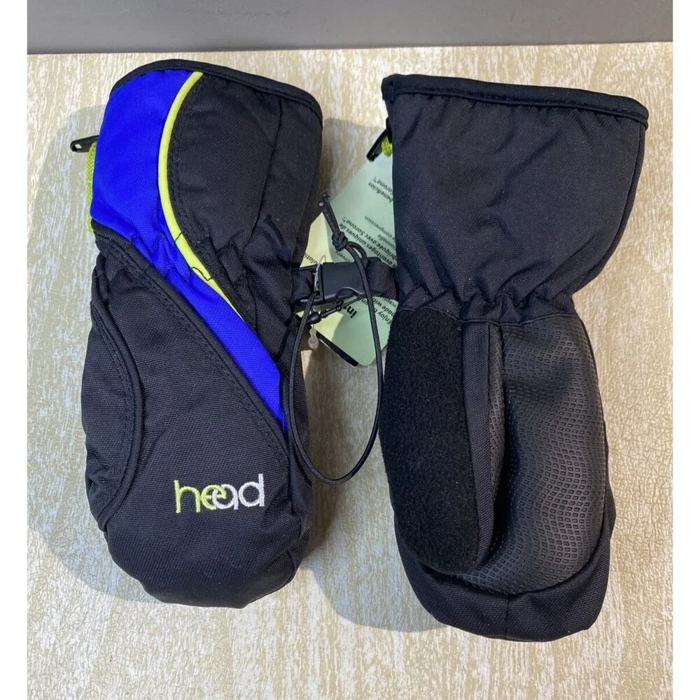 New HEAD DuPont Sorona Thermal Fleece Kids Mittens Black and Blue Size XXS